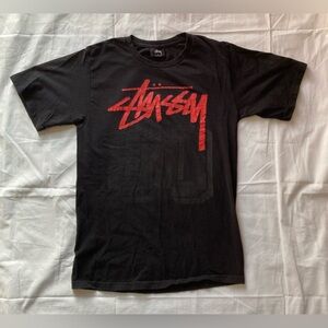 Stussy Black T-shirt w/ 80 In Black In Background S On Sleeves M-S W-L Vintage